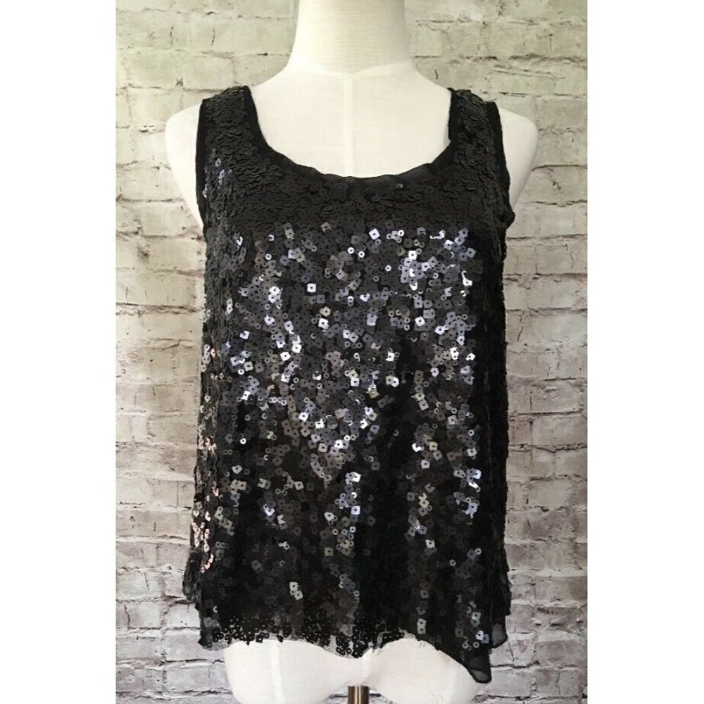 Forever 21  Womens S Black Sequin Sleeveless Blouse Sheer Ribbon Tie Back